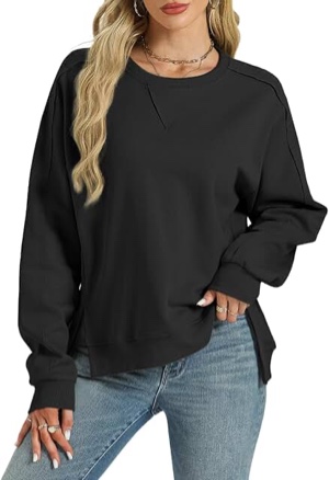Tanou Women's Reverse Seam Sweatshirts Casual Crew Neck Long Sleeve Pullover Solid Slit 2024 Fall Tops black large