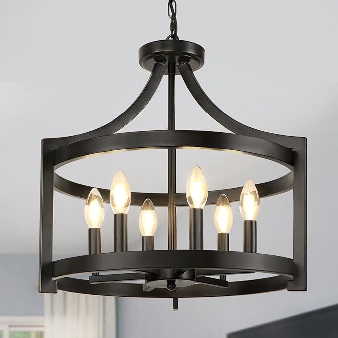 6-Light Farmhouse Chandelier, Distressed White Hanging Pendant Lighting, Convertible Semi Flush Mount Ceiling Light Fixture Rustic Metal Chandeliers for Dining Room Kitchen Foyer Entryway 6-Lights Distressed Black 