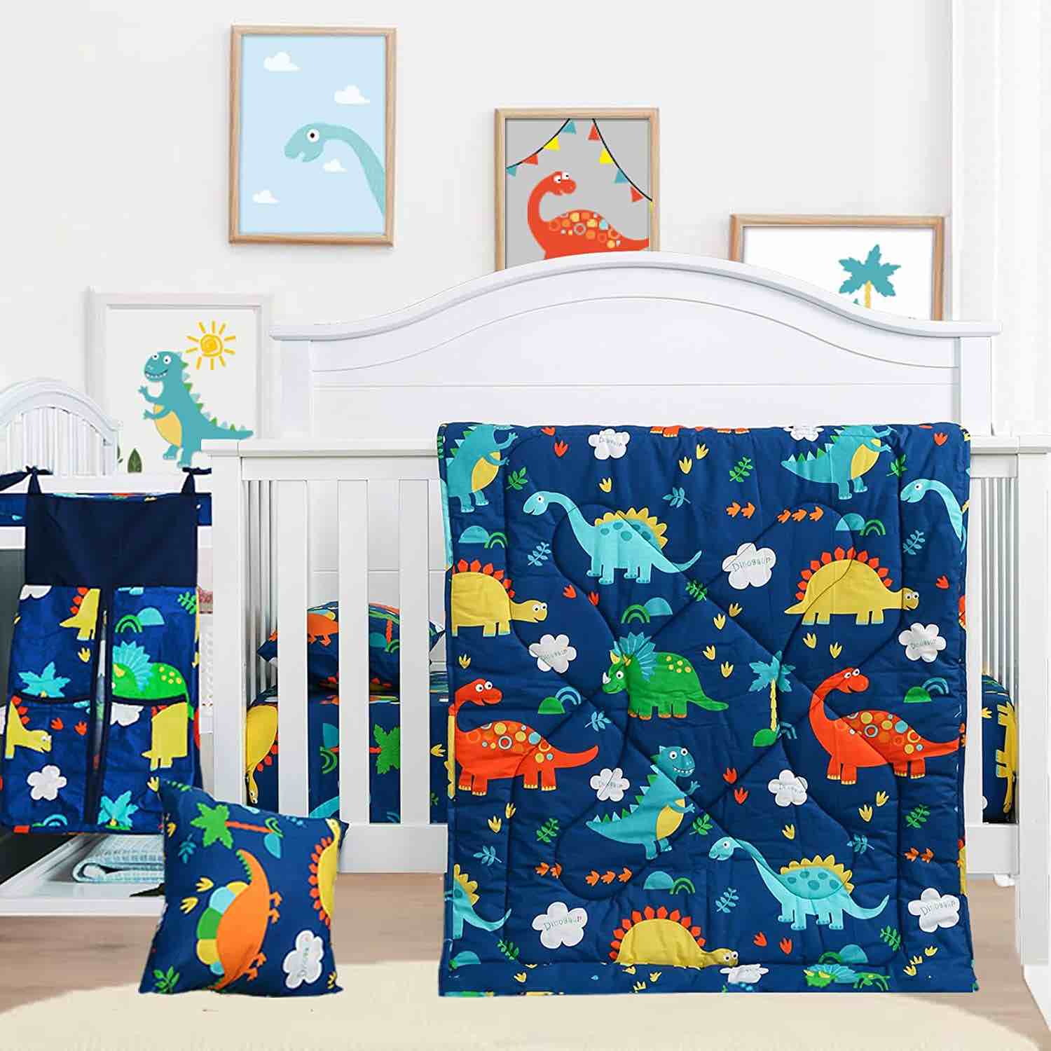  Animals Crib Dinosaur Bedding  Set for Boys - 3-Piece Standard Size  Baby Bed Set Includes Comforter, Sheet, Skirt - blue