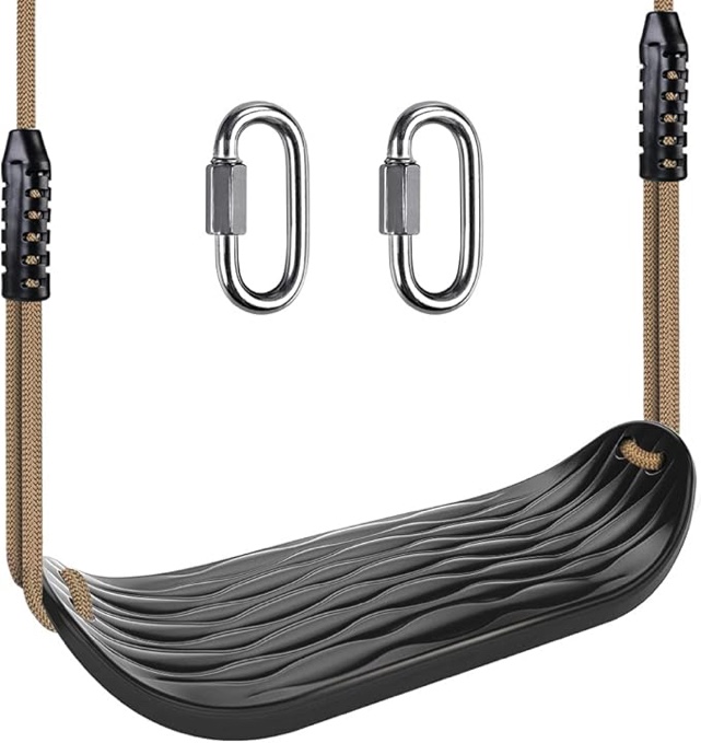 SELEWARE Plastic Swing Seat, Non Slip Tree Swing Set with Adjustable Rope and 2 Carabiners, Heavy Duty Playground Swing Set Accessories for Kid Indoor Outdoor Backyard, Black