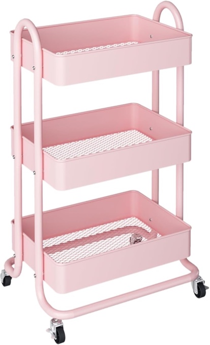 MIOCASA 3-Tier Metal Utility Rolling Cart, Heavy Duty Multifunction Cart with Lockable Casters, Easy to Assemble, Suitable for Office, Bathroom, Kitchen, Garden color os black not pink