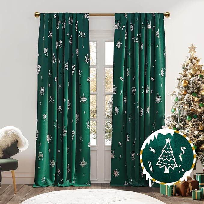 NICETOWN 96 inches Long Red Christmas Curtains Velvet for Living Room, Printed with Tree Pattern Thermal Insulated Blackout Curtains Drapes for Winter 96 inch Length 2 Panels Set green