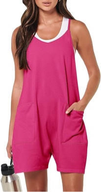 Size M UEU Women's Summer Casual Rompers Loose Spaghetti Strap Shorts Sleeveless Wide Leg Jumpsuits Overalls With Pockets Medium Pink 