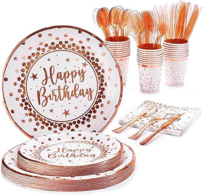 Bruntmor Pink Rose Gold Birthday Party Supplies - Disposable Plates, Cups, Napkins, and Cutlery - Disposable Dinnerware Sets with Decoration for Girls and Women - 175pcs