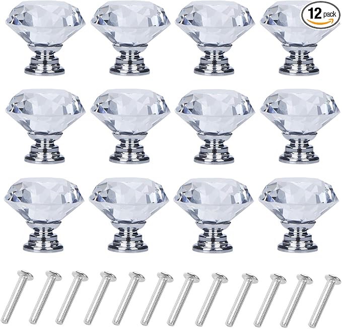 12 Pack Drawer Knobs Diamond Shaped Crystal Glass 30mm Cabinet Knobs Pull Handles (Silver)