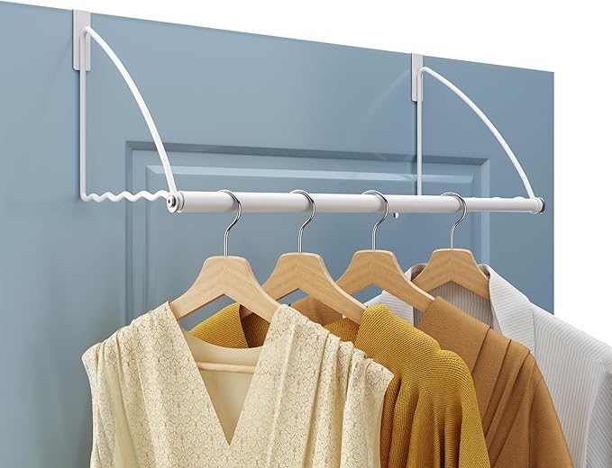 Tajsoon Over the Door Hanger Expandable & Adjustable, Over Door Clothes Hanger Rack for Towel & Coat, Bathroom Over Door Clothes Rack Hooks for Bedroom, Washroom, Fits Doors up to 134, Metal, White