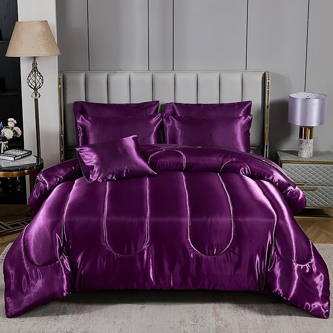 Satin Comforter Set with Sheet Set Queen Silk Like Satin Bed in a Bag 8 Pieces Luxury Silky Bedding with 1 Comforter, 1 Flat Sheet, 1 Fitted Sheet, 4 Pillowcases, 1 Cushion Cover (Queen, Purple)