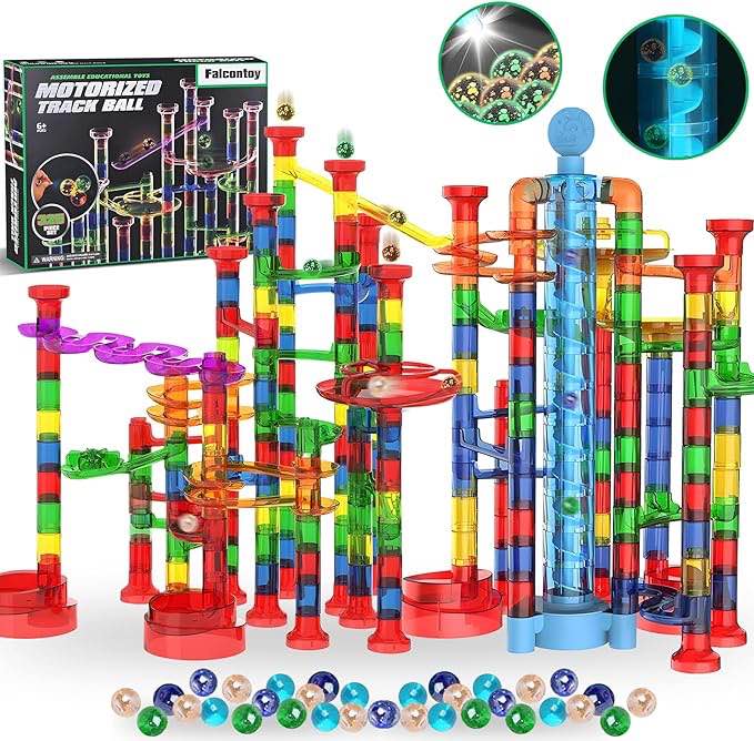 Glowing Marble Run 325Pcs Set with Motorized Elevator, Marble Maze STEM Toy with Glow in the Dark Marbles, Construction Building Blocks for Kids Ages 3+, Best Christmas & Birthday Gifts for Boys Girls