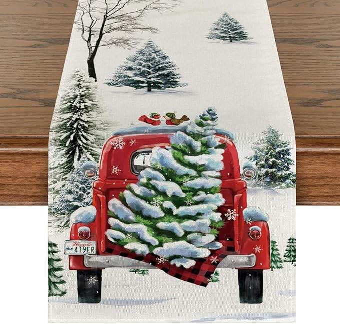 Artoid Mode Waterclor Snow Tree Truck Christmas Table Runner, Seasonal Winter Xmas Holiday Kitchen Dining Table Decoration for Indoor Outdoor Home Party Decor 13 x 72 Inch