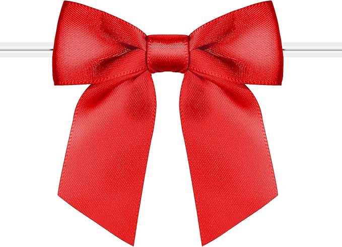 Rainbow Pana Pack Twist Tie Bows for Treat Bags 3" Light Red Satin Ribbon Bows for Package Craft Gift Wrapping Decoration