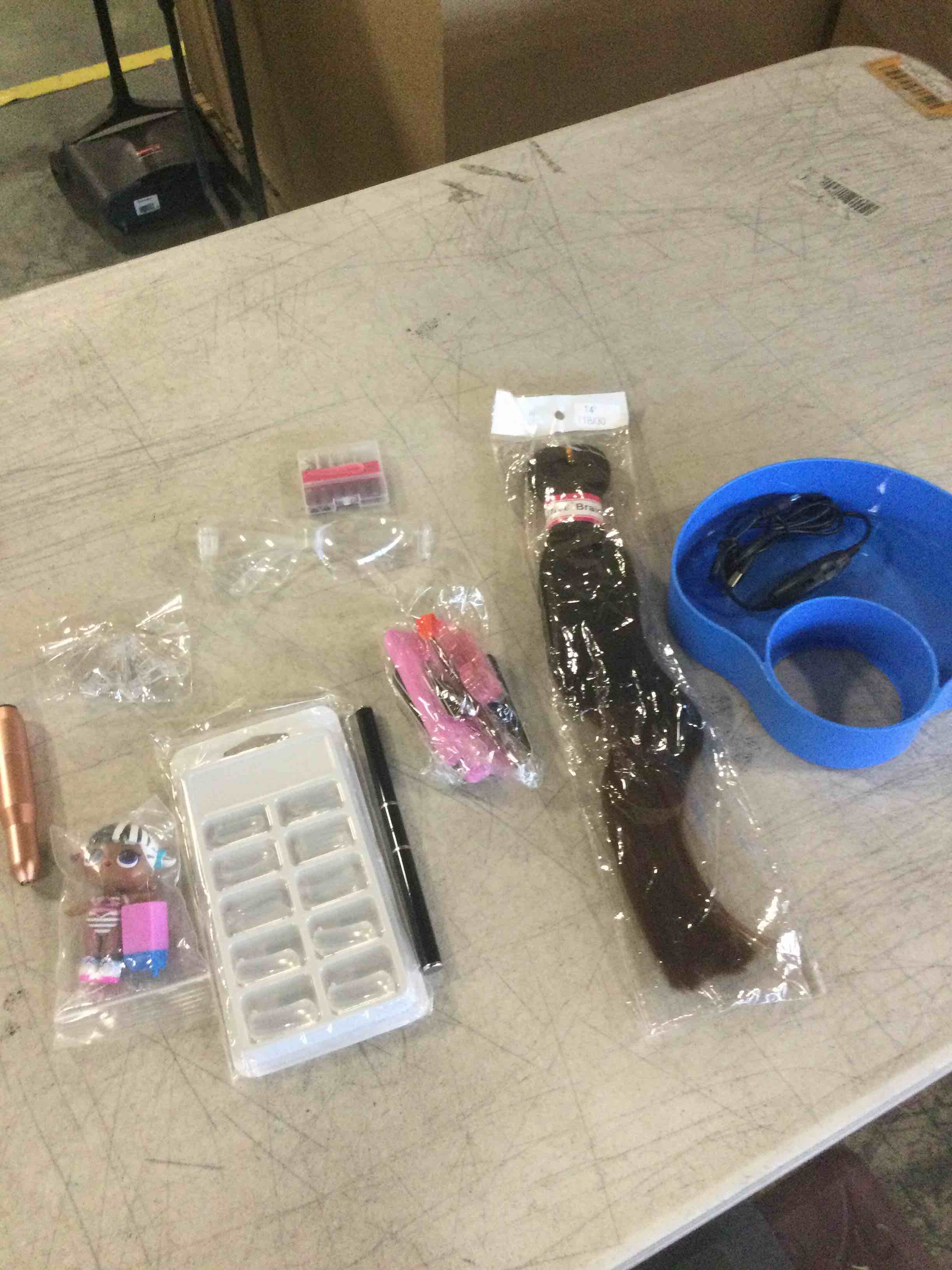 miscellaneous items. Fake nails (  clear  ) , cutical pen, nail file set , drimil bits, lol doll , dish, charger , clips, safety glasses, Suction cup toys miscellaneous charger
