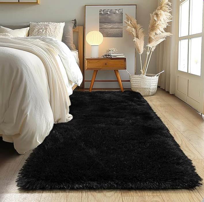 Faux Fur Rug for Bedroom, Fluffy Runner Rugs Soft Sheepskin Rug Sofa Couch Seat Cushion, 2x6ft Black Plush Area Rug Shag Rugs Floor Carpets for Nursery Bedside, Cute Shaggy Fuzzy Home Decor