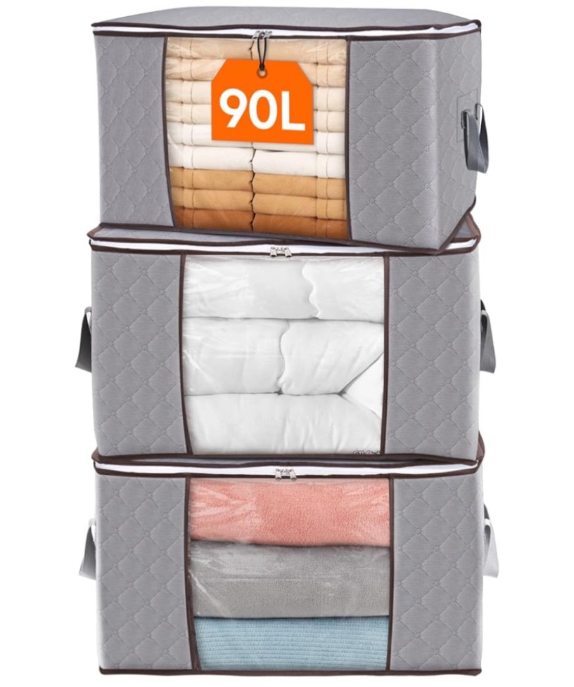 Lifewit Large Capacity Clothes Storage Bag Organizer with Reinforced Handle Thick Fabric for Comforters, Blankets, Bedding, Foldable with Sturdy Zipper, Clear Window, 3 Pack, 90L, Grey