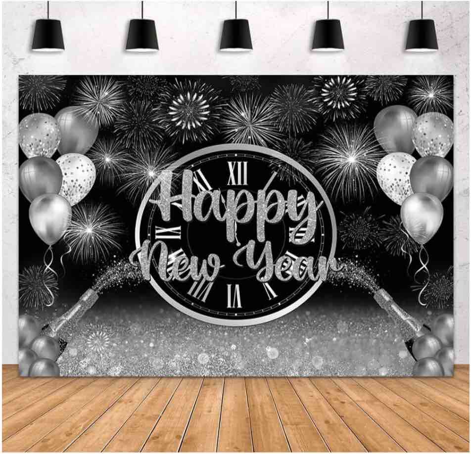MEHOFOND 7x5ft Happy New Year Backdrop Silver 2025 New Year Eve Party Decorations Banner Supplies Shining Champagne Balloons Firework Photography Background New Year Eve Photo Studio Props