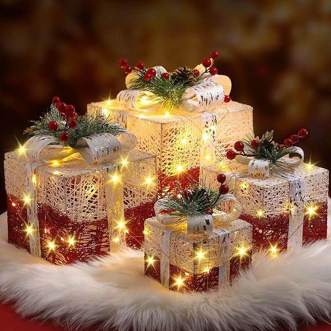 Yunlly 4 Christmas Lighted Gift Boxes Decorations with Remote Control, Boxes with Ribbon Bows Christmas Decorations for Xmas Tree Home Yard Lawn Indoor Outdoor Decor (Vibrant)