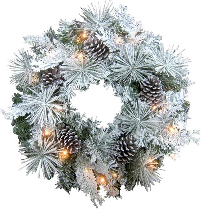 Fraser Hill Farm 24" Christmas Pre Lit Snow Flocked Wreath Door Hanging with Oversized Pinecones