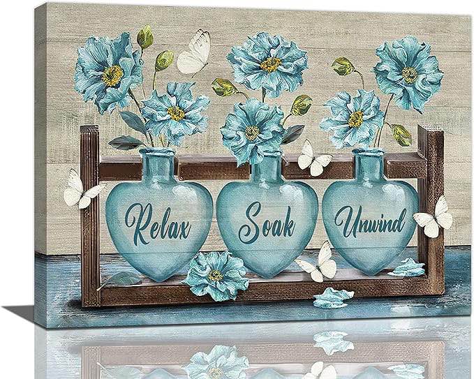 Farmhouse Flower Bathroom Decor Wall Art Vintage Butterfly Floral Pictures Wall Decor Relax Soak Unwind Bathroom Sign Canvas Painting Prints Artwork Home Decorations Framed for Bathroom 24x20