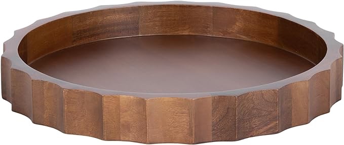 Kate and Laurel Lissi Decorative Round Tray with Wavy Design, 15 Inch Diameter, Natural Wood, Modern Scalloped Circle Serving Tray for Coffee Table Ottoman, Dining Table, or Entryway Tray