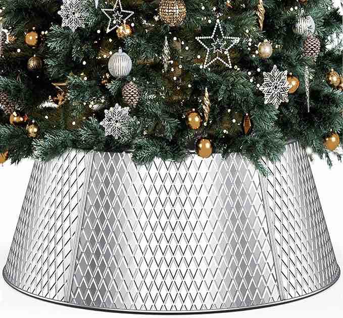 Kesfitt Christmas Tree Collar,28'' Metal Christmas Tree Skirt Base Collar Stand for Most Christmas Trees or Artificial Trees,Holiday Decorations Protection from Pets(Silver)