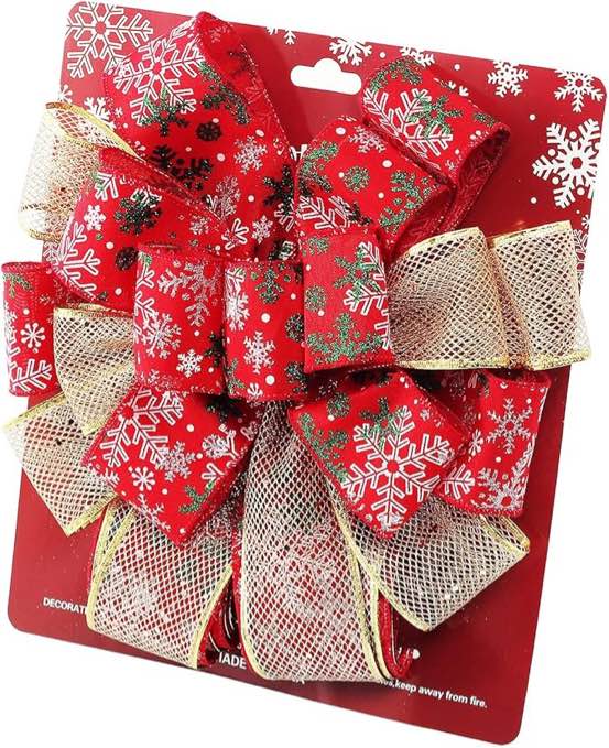 Christmas Tree Topper Bow, 44X12 Inch Artificial Xmas Tree Flower Topper Decor, for Family, Wedding, Birthday Party, Indoor Outdoor Thanksgiving Christmas Decoration - Red/Gold/Snowflake.