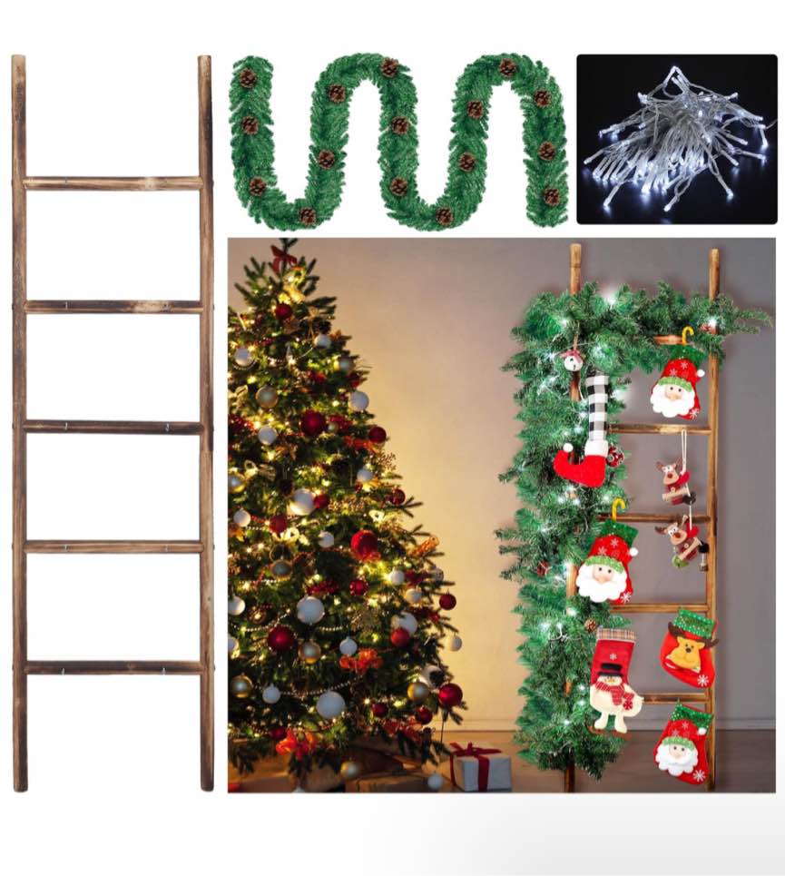 incomplete- Tigeen 3 Pack Lighted Christmas Stocking Holder Sets for Wall 10 Hook Wooden Christmas Ladder Stocking Holder Stand Artificial Garland with Battery Operated Light for Holiday Party Xmas Home Decor