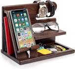 TESLYAR Wood Phone Docking Station Ash Key Holder Wallet Stand Watch Organizer Men Gift Husband Wife Anniversary Dad Birthday Nightstand Purse Father Graduation Male Travel Idea Gadgets... (Brown)