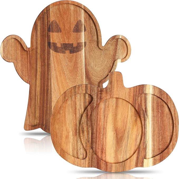 Umigy 2 Pcs Halloween Charcuterie Boards Pumpkin and Ghost Shaped Kitchen Wooden Cutting Board with Handle Acacia Wood Cute Serving Trays for Butcher Block Cheese and Vegetables Fruit & Salad