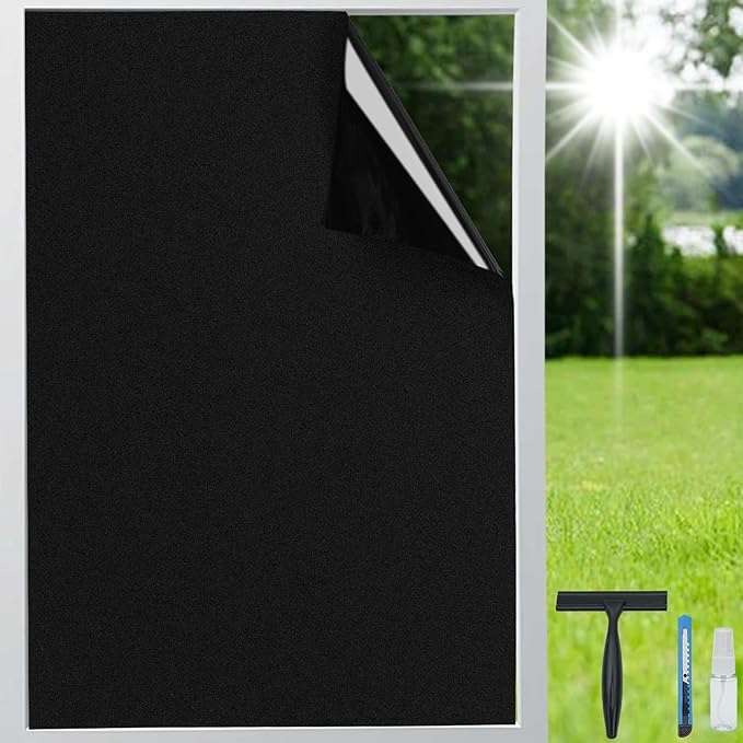 Window Film 23.6" x 157.5" Blackout Window Film for Ultimate Privacy and Sun Blocking Room Darkening Tinted Film Removable Static Cling Black Film for Home, Garages, and RVs