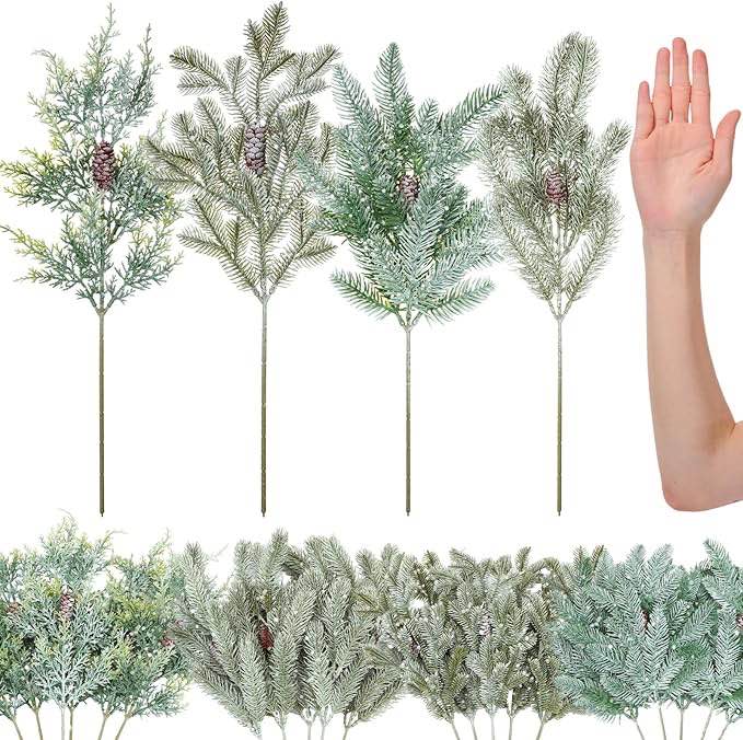 Hotop 22 Pcs Large Norfolk Pine Stems 20 Inch Christmas Artificial Pine Needles Branches with Cones Faux Greenery Picks for DIY Wreath Christmas Tree Embellishing and Home Garden Decoration