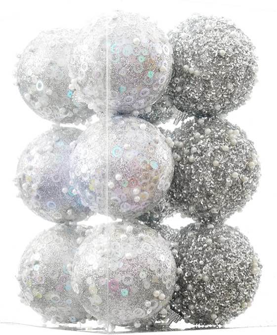 12CT Christmas Ball Ornaments, Silver Christmas Ball Decorations Shatterproof Plastic Hanging Pearl Balls for Holiday Party