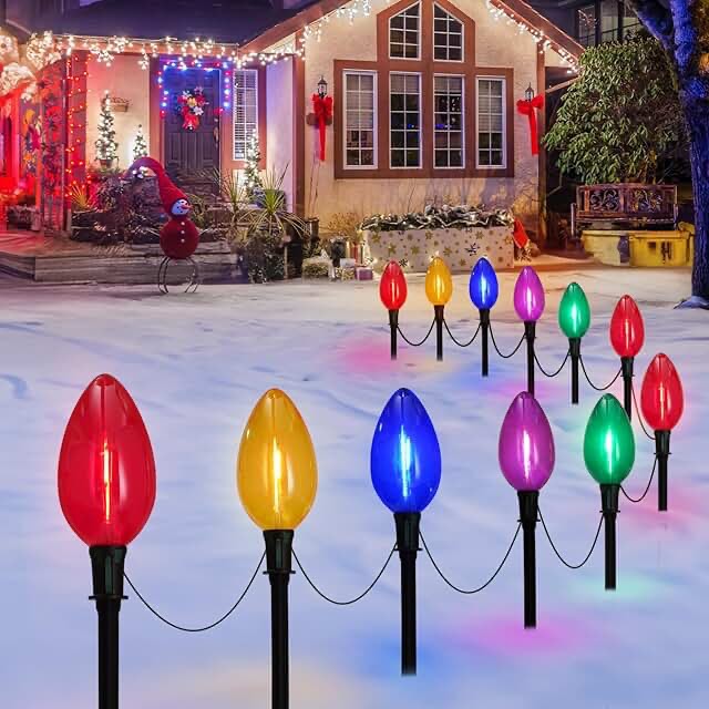 Jumbo C9 Christmas Pathway Lights Outdoor Lawn Decorations with 12 Lights, 20FT Multicolor LED Jumbo Christmas Lights with Walkway Stakes, Multicolored C9 Light Bulbs for Holiday Outside Yard Garden