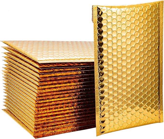 ABC Gold Metallic Bubble Mailers, 12x 17 Inches. 10-Pack Bubble Mailers Metallic. Aluminum Foil and Polyethylene Metallic Bubble Envelope. Waterproof Metallic Packaging Envelopes for Jewelry