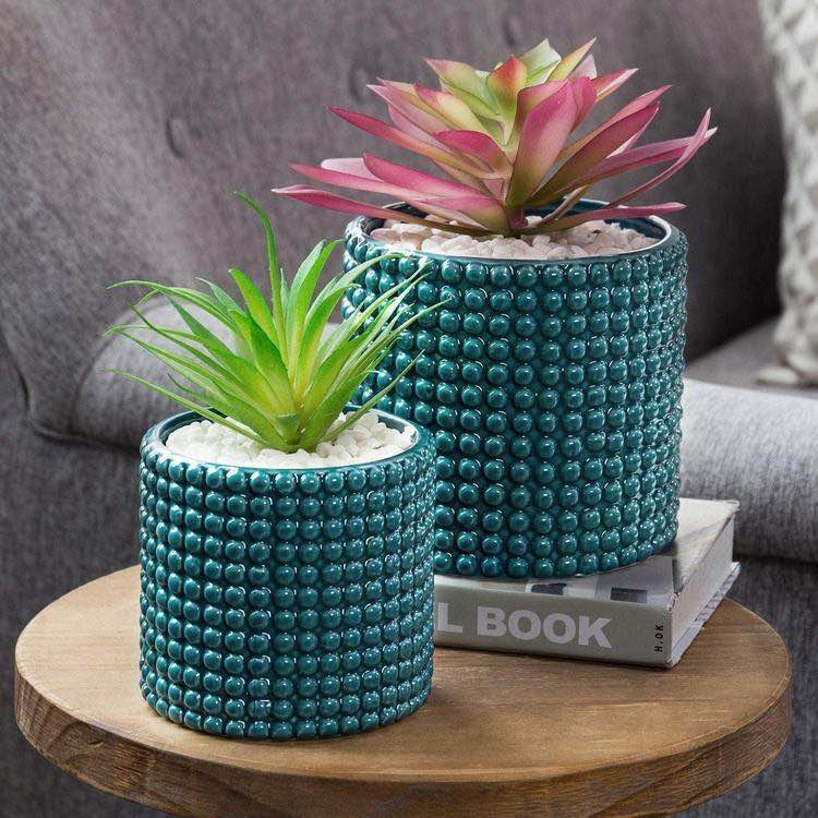 Set of 2, Dark Turquoise Ceramic Hobnail Textured Flower Succulent Planter Pots