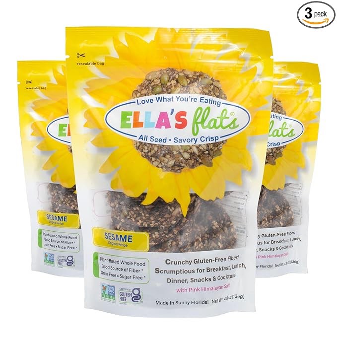 BBD: May/30/2025. ELLA’S FLATS® Sesame All Seed Savory Crisps – All Natural, Gluten Free, Good Source of Protein, High Fiber, Vegan and Keto Friendly (3 Pack)