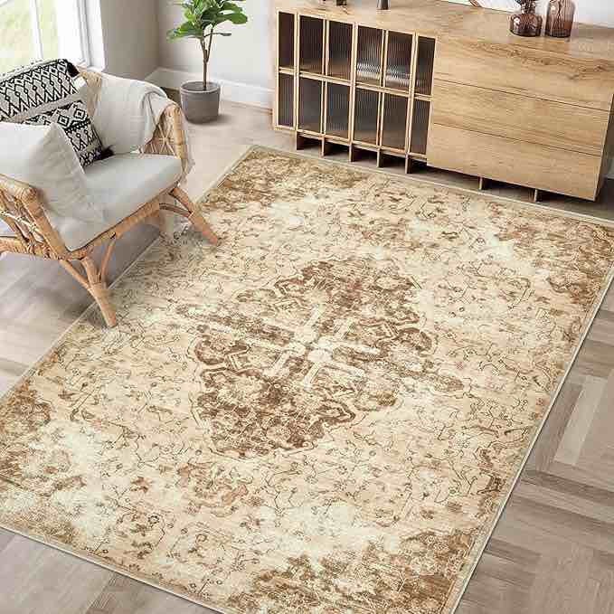 VERCARF Area Rugs 6X9’ Vintage Rug: Washable Rugs 6x9’ Boho Medallion Thin Throw Rug Indoor Soft Non-Slip Front Door Mat for Entrance Kitchen Bathroom Bedroom Home Office (Brown, 6X9’ )