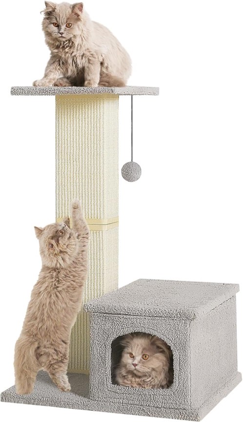 Small Cat Tree, 31 Inches Tall Cat Scratching Post with Perch & Condo, Natural Woven Sisal Cat Post Sctacher, Kitten Scratching Posts for Indoor Cats, Cat Scratch Tower with Fluffy Ball, Gray