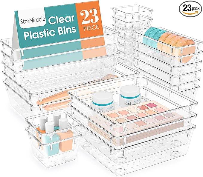 23 PCS Drawer Organizer Set, 5 Varied Size Bathroom and kitchen Drawer cabinet organizer Trays, Clear Storage Bins for Makeup, Jewelry, Utensils and Gadgets