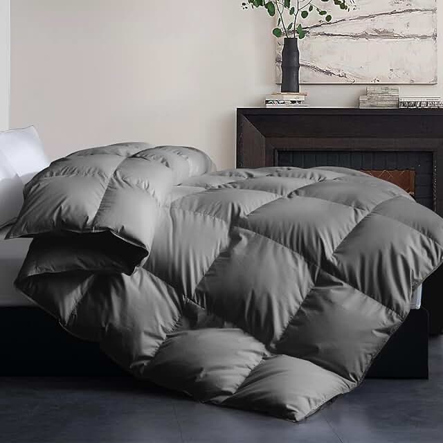 Full Size Feather Down Fiber Comforter - Fluffy Grey All Season Duvet Insert, Ultra Soft 100% Cotton Cover, Luxury Hotel Bedding with Corner Tabs, 82"x86"