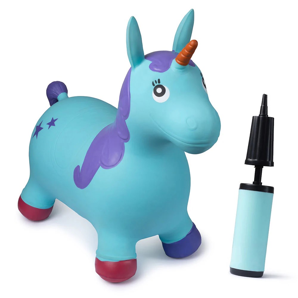 Hoovy Inflatable Bouncy Unicorn with Pump | Bouncing Unicorn Ride on Toy for Kids | Unicorn Jumping Hopper Gift for Toddlers & Children | Portable & Travel Friendly (Blue)