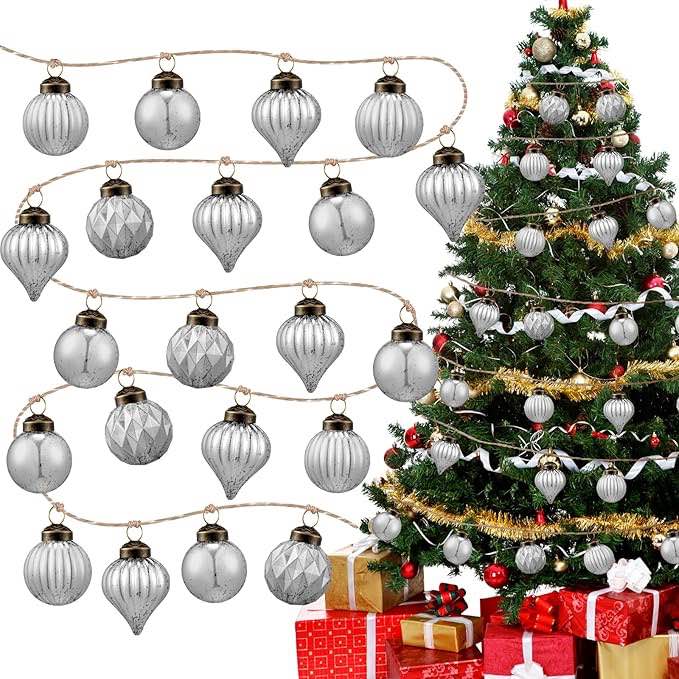 Frienda 6 Feet Christmas Ball Garland Farmhouse Distressed Ball Ornaments Garland Rustic Christmas Tree Ball Garland Hanging Decoration Embossed Glass String Garland for Xmas Party(White)