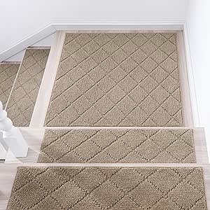 COSY HOMEER Edging Stair Treads Non-Slip Corner Indoor Stair Runners for Wooden Steps,Landing Slip Resistant Stair Rugs Mat for Kids and Dogs,100% Polyester TPE Backing,Beige,30x30 inch 1- pcs