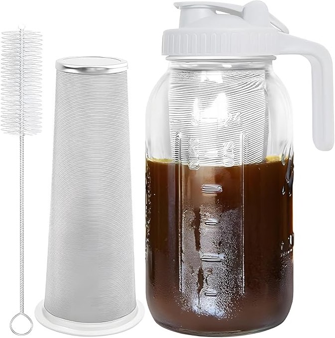 Cold Brew Coffee Maker Jar - 64oz Thick Glass Multipurpose Mason Pitcher Spout Lid with Handle & Stainless Steel Filter for Iced Coffee, Lemonade, Ice Tea, Homemade Fruit Drinks Container