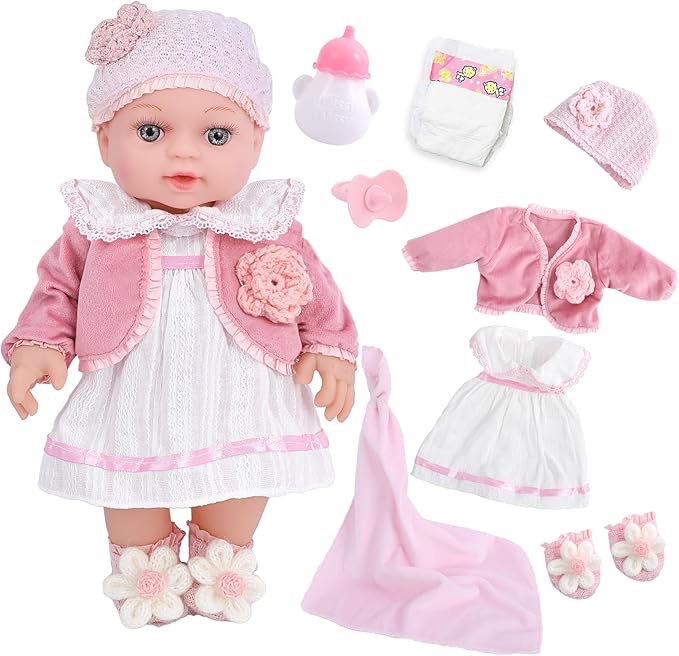 DOTVOSY 12" Girl Baby Dolls Playset Adoption Realistic Soft Baby Doll with Clothes Accessories Include Outfits,Pacifier,Disposable Diaper,Blanket,Feeding Bottle Toy Stuff for Toddler 3 Ages and Up