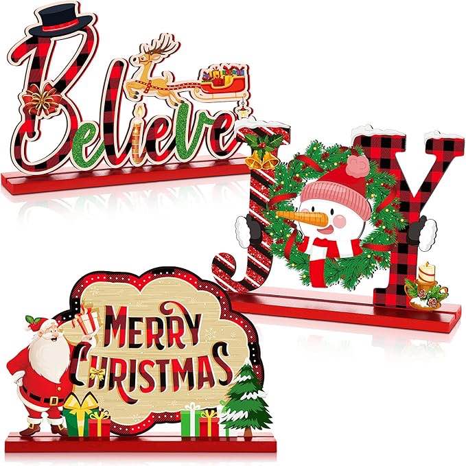 , Skylety 3 Pieces Christmas Centerpiece Christmas Table Decoration, Santa Claus Wooden Sign, Snowman, Reindeer, Country House Decoration for Christmas, Holiday Parties 2 pack