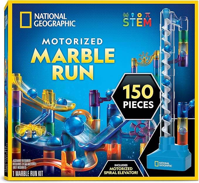 NATIONAL GEOGRAPHIC Marble Run with Motorized Elevator - 95-Piece Marble Maze Kit with Motorized Spiral Lift, 20 Marbles, Storage Bag & More, Perpetual Motion Machine, Marble Game, Kids Physics Toys