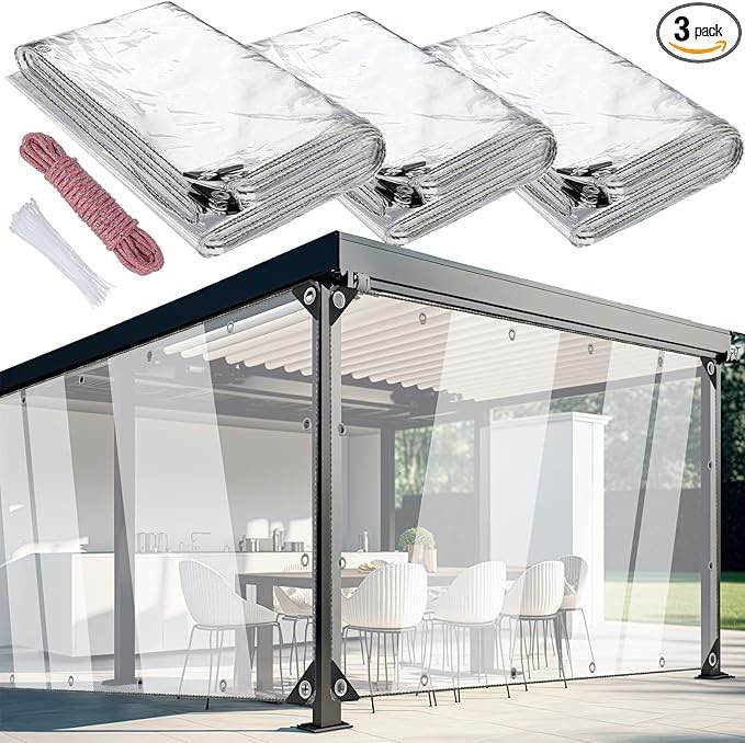 Windyun 3 Pcs Clear Tarps Heavy Duty PVC Vinyl Tarps Waterproof with Metal Grommets and Cable Tie Cold Weather Resistant for Greenhouse, Balcony Garden, Patio Enclosure, Pavilion(3 x 6 ft)