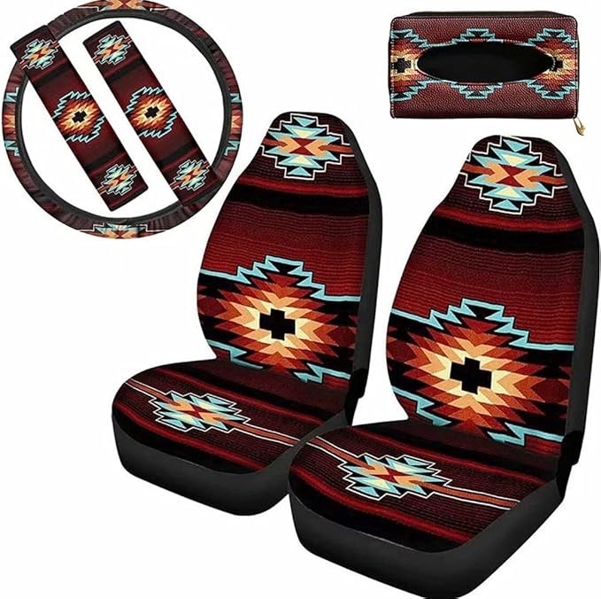 SEANATIVE Vintage Steering Wheel Cover and Seat Belt Protector Pads Full Set of 4 Comfortable Auto Seat Cover Tribal Geometry Colorful Car Visor Napkin Holder Tissue Case (Incomplete missing Napkin Holder)