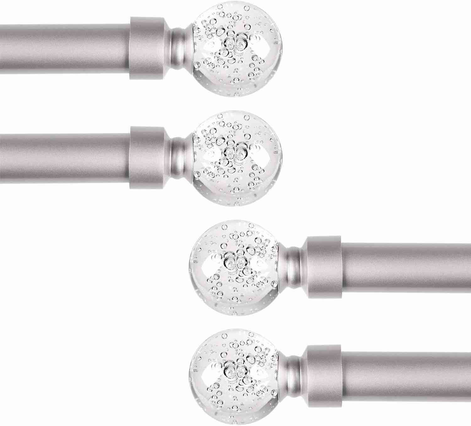 4 Pack 1" Nickel Single Rod with Bubble Glass Ball Finials, Clear Ball Cafe Telescoping Drapery Rod Set, Satin Nickel Cafe Window Rods, 48”