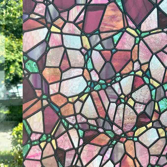 Static Cling Window Privacy Film Stained Glass, Single-Sided Hand-Drawn Door Window Film Decorative for Home UV Protection/Heat Insulation, Autumn Boho Cobblestones, 22.83" Wide