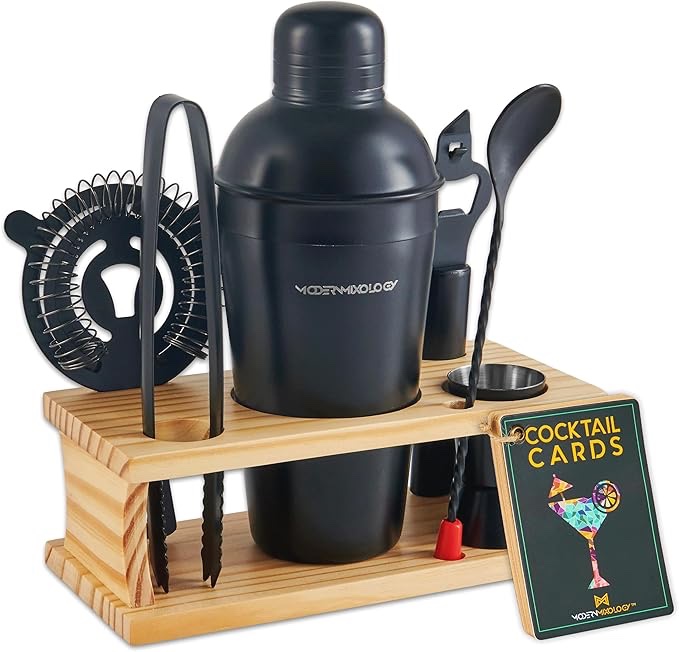 Mixology Bartender Kit - 8-Piece Cocktail Shaker Set with Wood Stand, Recipe Cards, and Bar Accessories Ideas (Silver)